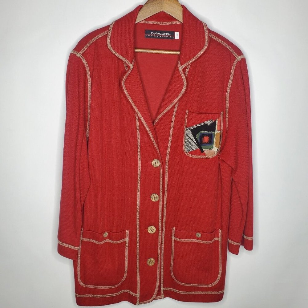 Canvasbacks Womens Red Wooden Button Front Jacket Size M Abstract Pocket Artsy